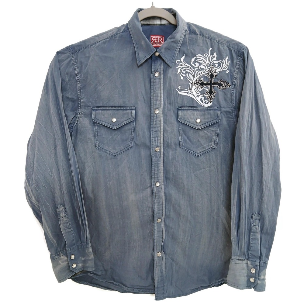 Red Ranch Shirt Mens‎ Large Blue Long Sleeve Western Pearl Snap Cross Graphic